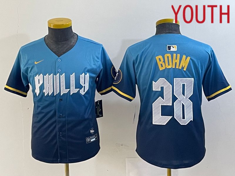 Youth Philadelphia Phillies 28 Bohm Blue City Edition Nike 2024 MLB Jersey style 1